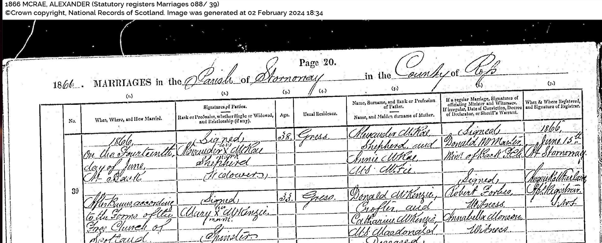 Marriage Certificate for Alexander and Mary McRae